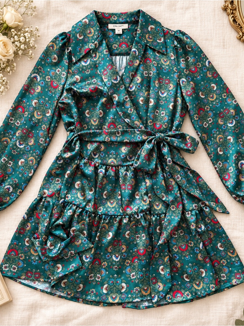 ON 34TH XS Green Floral Satin Wrap Tiered Long Sleeve Mini Dress